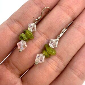 Sterling Silver 925 Natural Peridot & Cut Crystal Dangle Earrings 1.5" Length